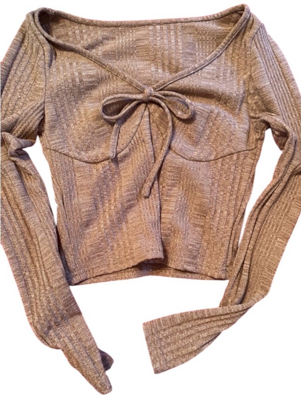 Zaful Taupe Ribbed knit Off-Shoulder Tie-Front crop Sweater size 4 snug fit